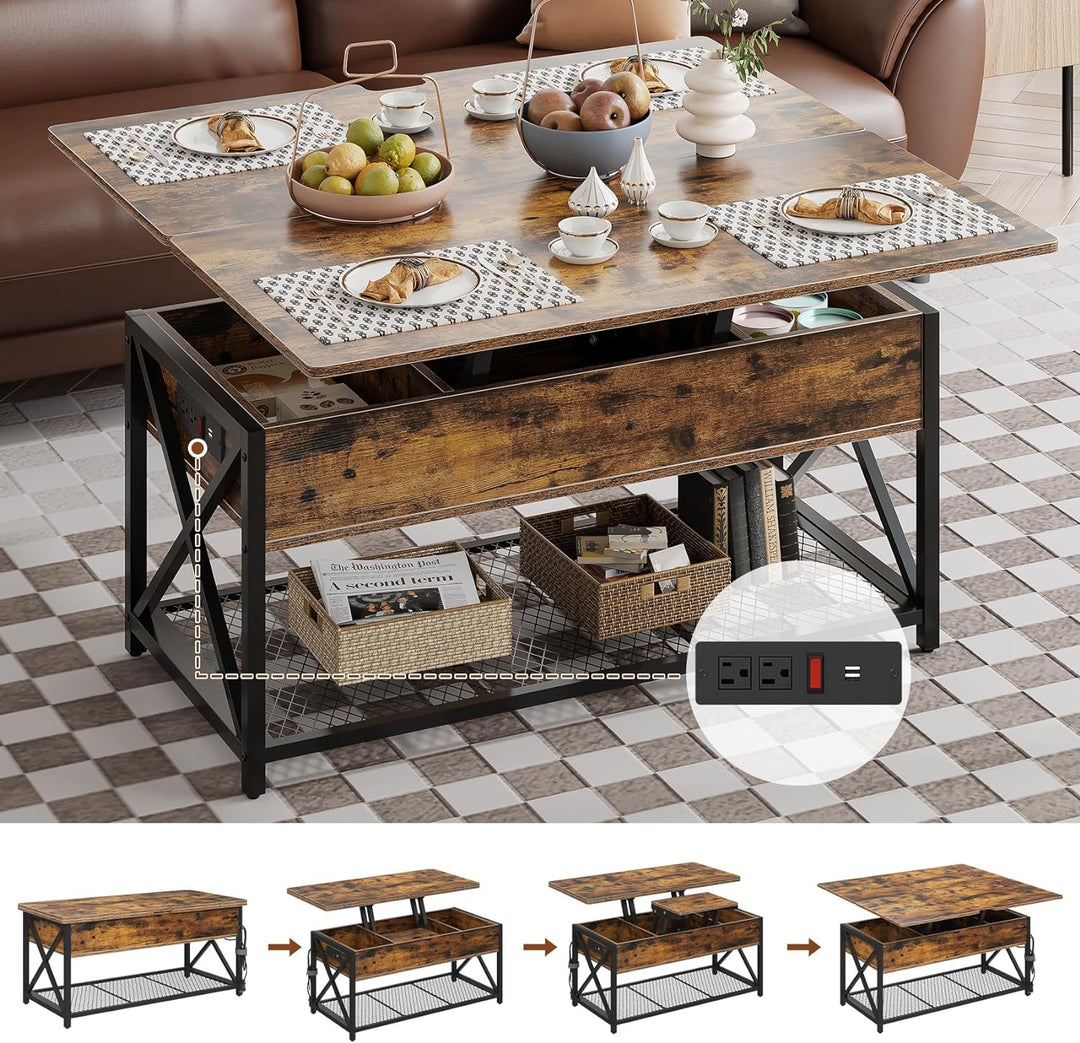 43" Lift Top Coffee Table, Charging Station, Converts to Dining, Black