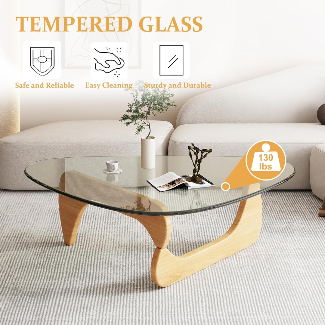 Triangle Glass Coffee Table, Mid-Century Modern End Table, Living Room (Raw Wood/Brown)