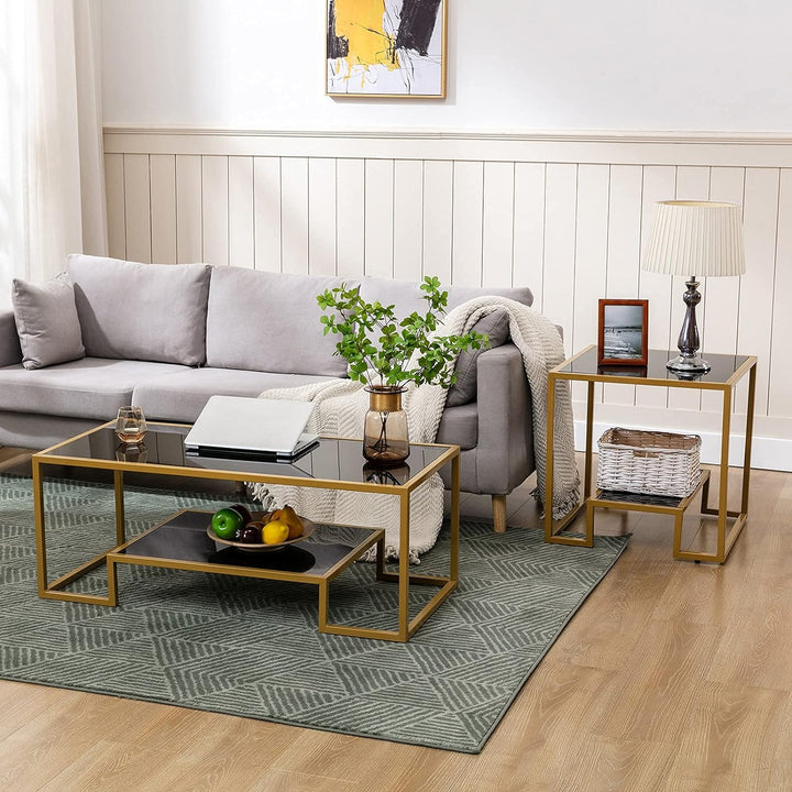 Glass Coffee Table with Brass Accent, Modern Tempered Glass Side Table