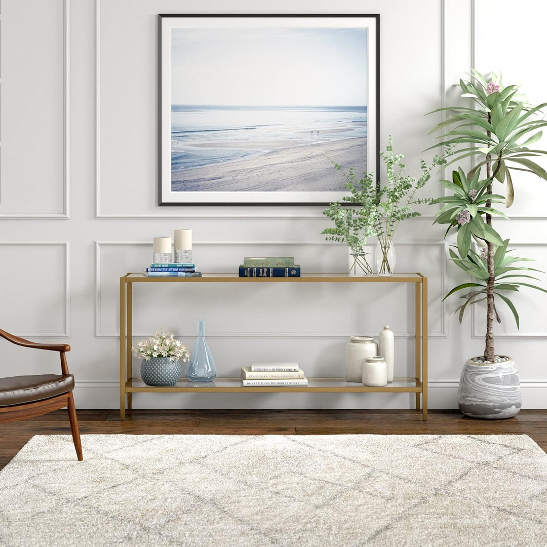 Rectangular Console Table with Glass Shelf, Brushed Brass