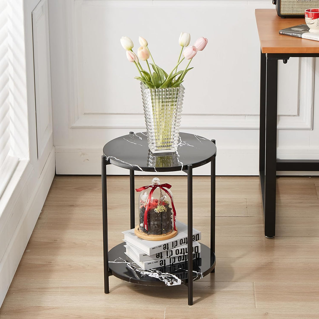 2 Tier Round Side Table, Faux Marble Black Accent Table