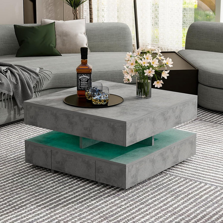 Square LED Coffee Table with Gray Marble Pattern, Pr3