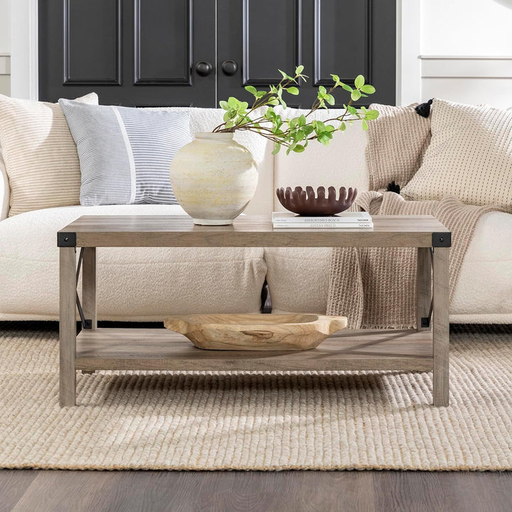 Sedalia Modern Farmhouse Metal X Coffee Table, Grey Wash