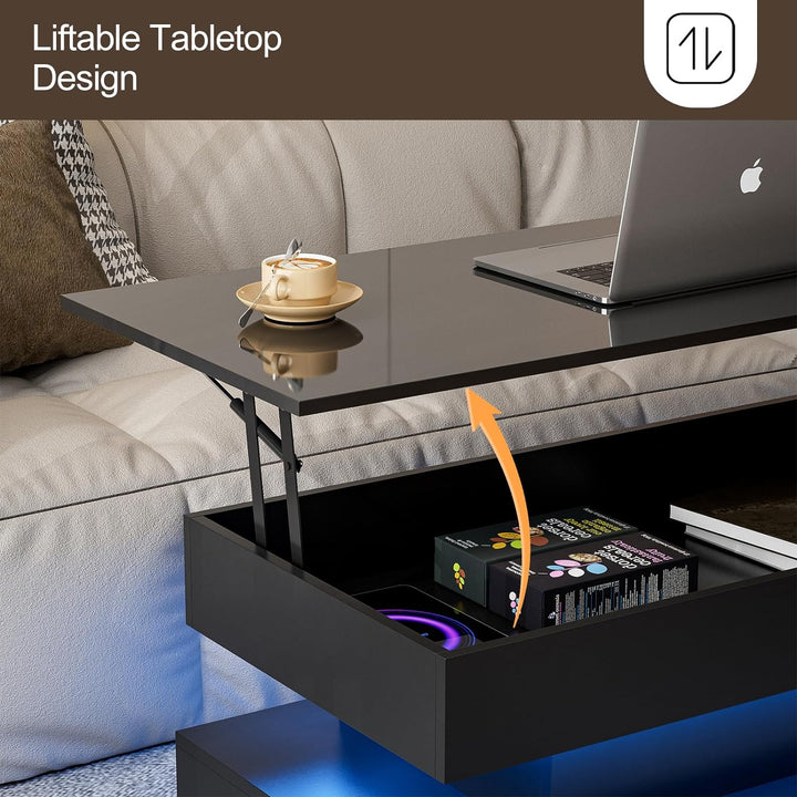 Lift Top Coffee Table with LED Lights, 2 Drawers, Black