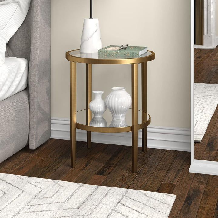 Elegant Round Side Table with Mirror Shelf, Antique Brass