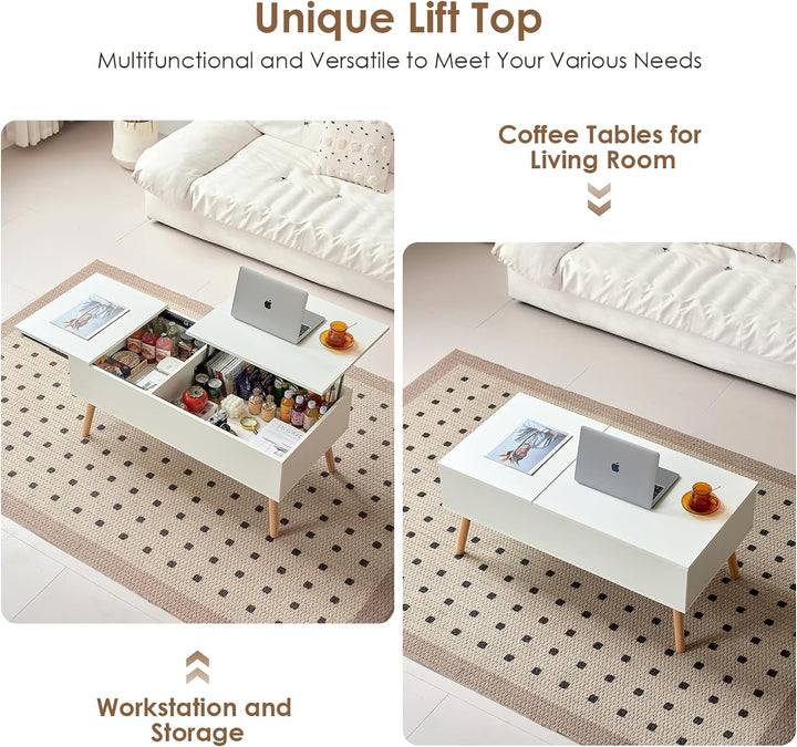 Coffee Table with Hidden Storage Drawer, Modern Lift Top Desk, White