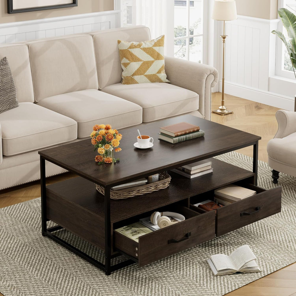 Rustic Wood and Metal Coffee Table with Storage, Brown