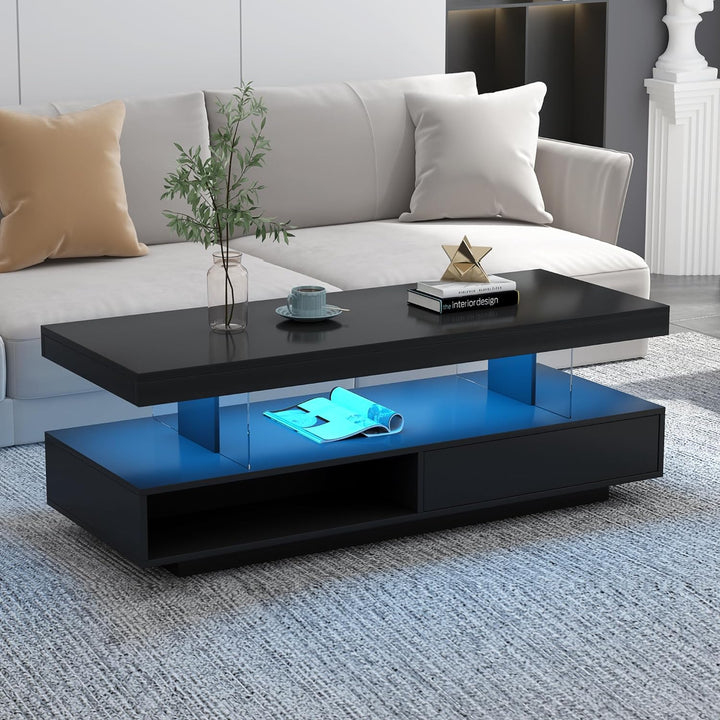 Polibi Modern Center Table with Storage, LED Lights, Black