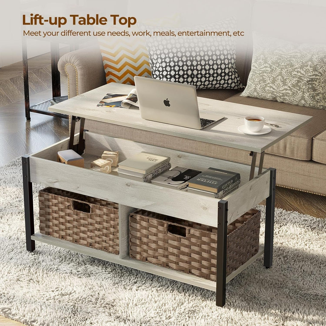 Retro Coffee Table with Hidden Storage and Rattan Baskets, Grey