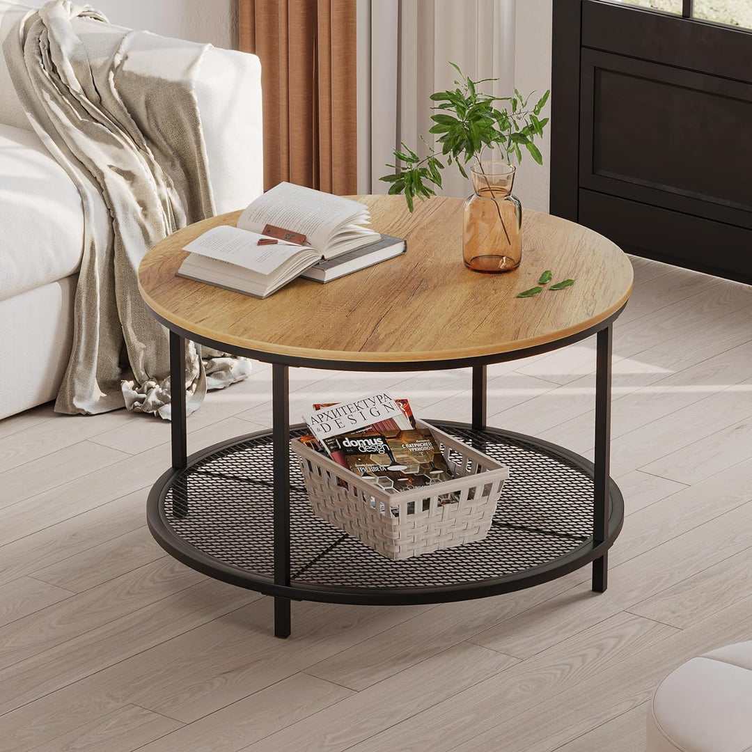 31.5" Round Coffee Table, 2-Tier Brown Wood Living Room Table, Industrial