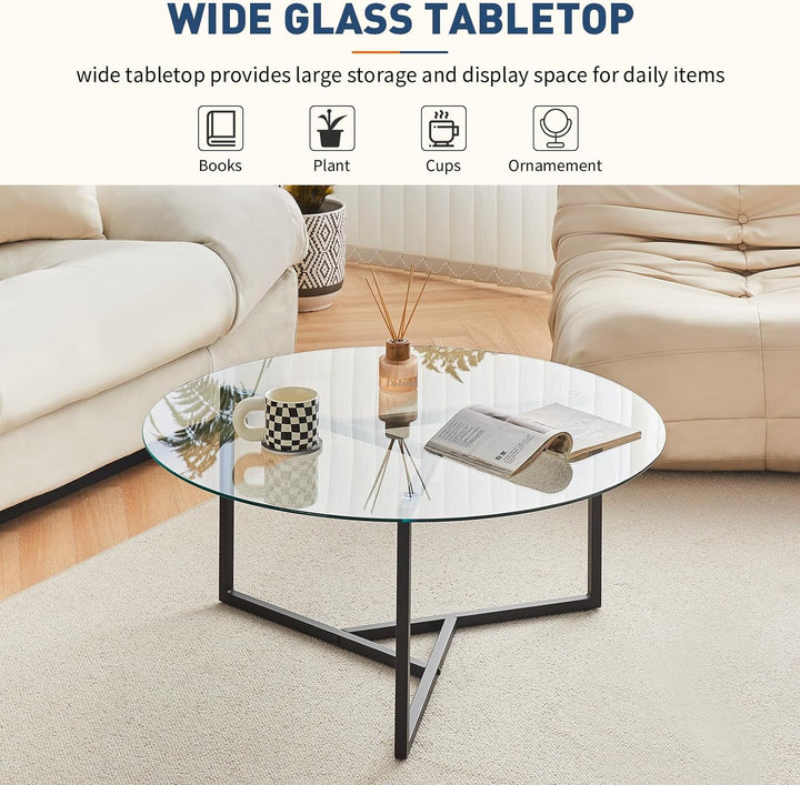 Tempered Glass Coffee Table, Modern Minimalist Accent Table (Transparent)