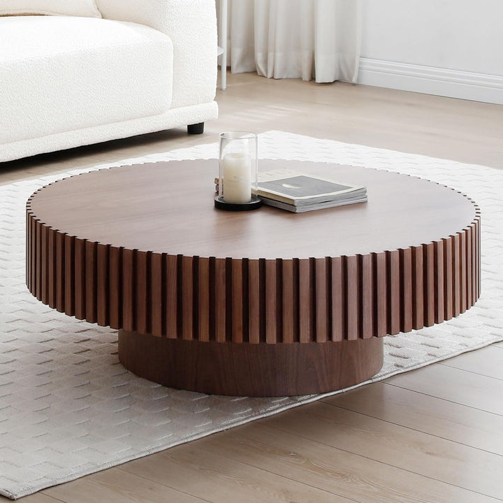 31.49" Round Farmhouse Coffee Table, Circle Drum Wood Table, Walnut