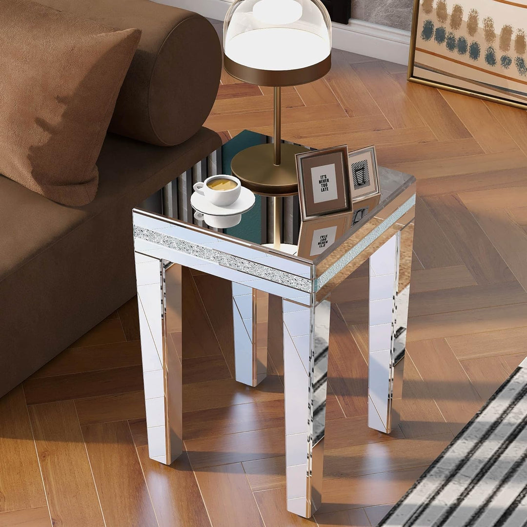 Modern Glass Mirrored Side Table with Crystal Design, Silver