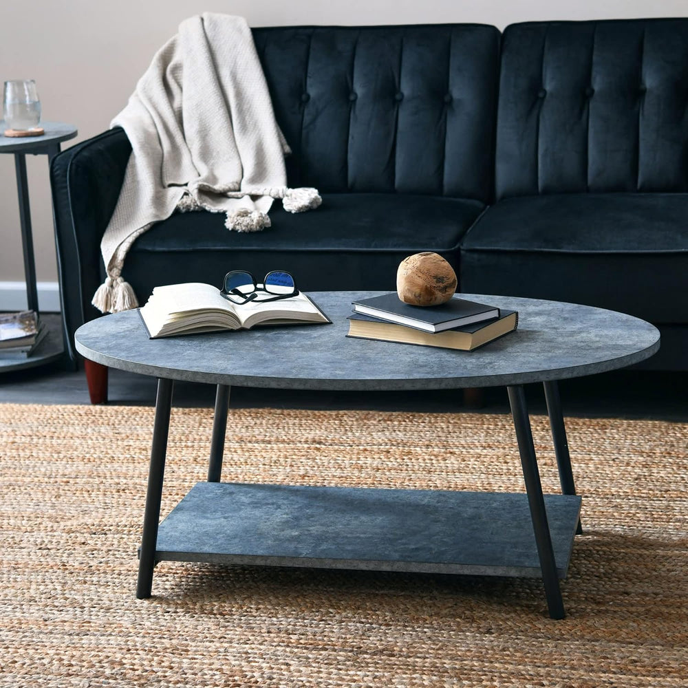 Oval Coffee Table with Storage Shelf, Rustic Slate Concrete and Black Metal, Grey