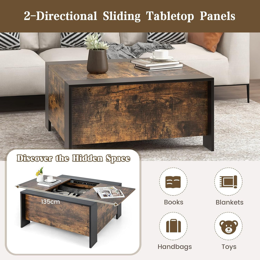 Sliding Top Coffee Table with Hidden Storage, Extendable Cocktail Table, Rustic Brown