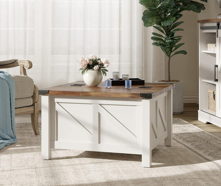 Modern Farmhouse Coffee Table, Square Wood Center Table, White