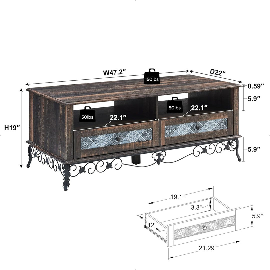 Rustic Bohemian Coffee Table with Sliding Drawers, Ornate Wrought Iron Decor, Dark Brown