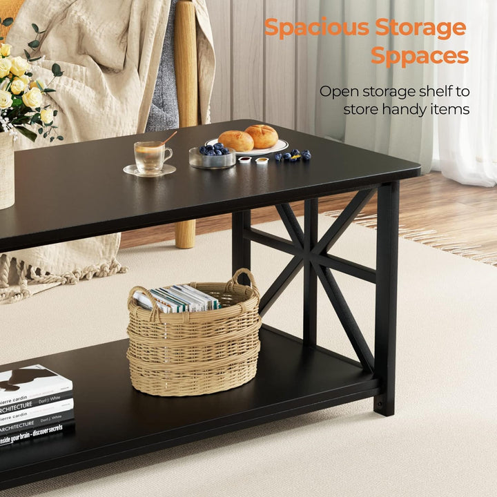 Farmhouse Coffee Table w/ Round Corners, 2-Tier Storage, Black