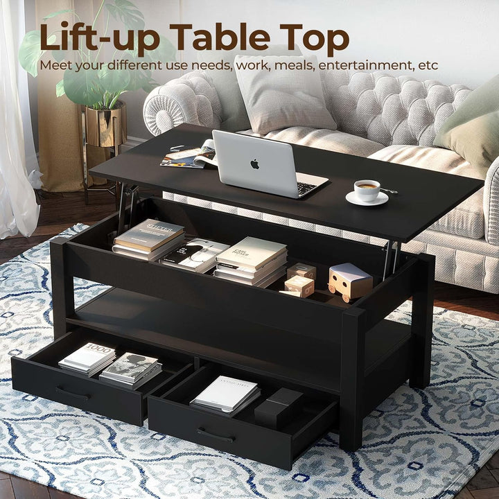 Rolanstar Lift Top Coffee Table, Drawers, Hidden Compartment, Retro, Black