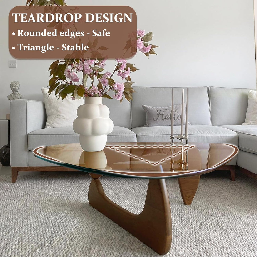 Triangle Glass Coffee Table, Mid-Century Modern End Table, Walnut Grey