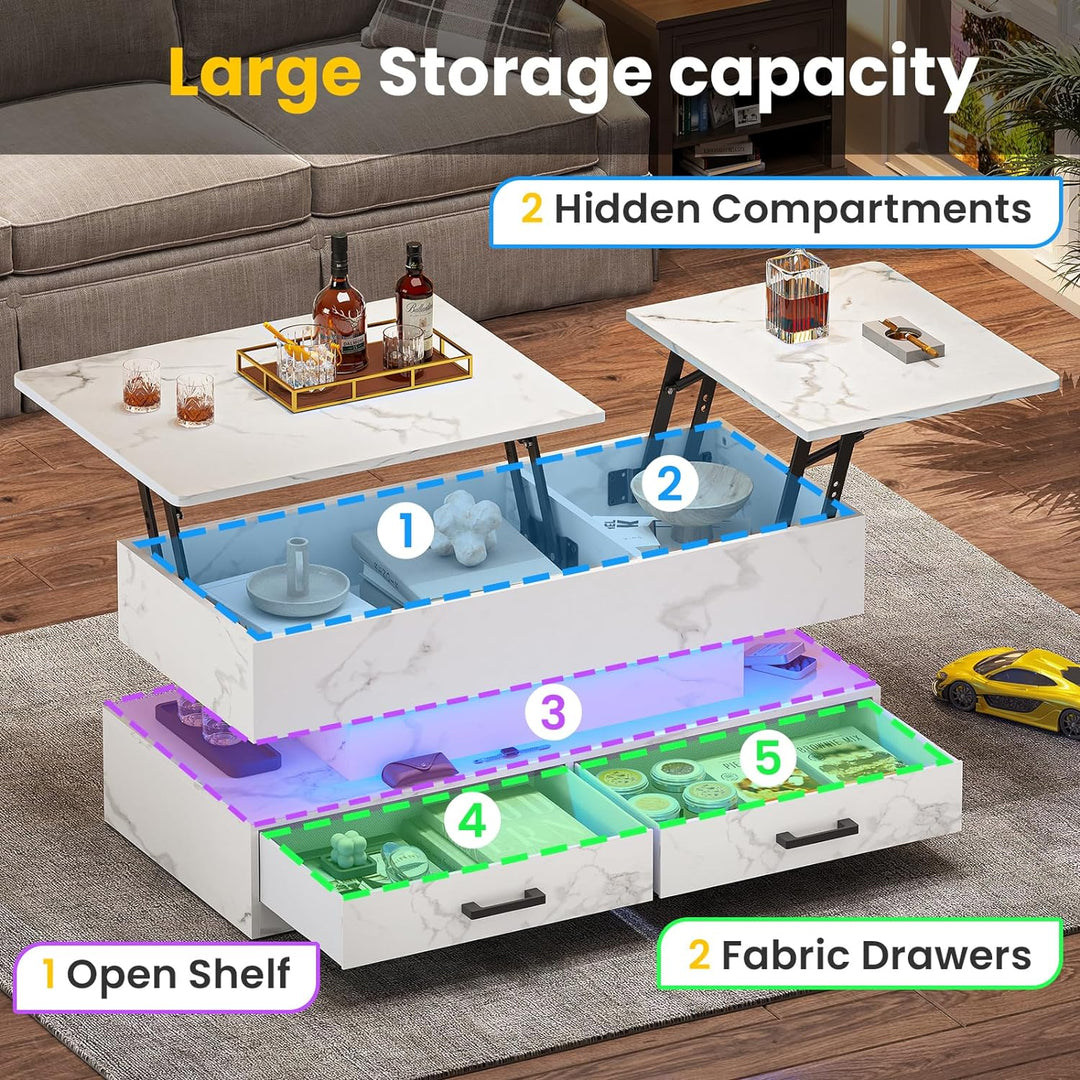 Lift Top Coffee Table with Storage Drawers, Modern Small Coffee Table, White Marble