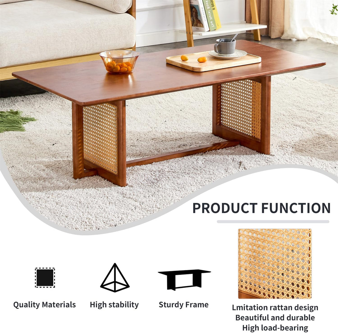 Imitation Rattan Solid Wood Coffee Table, Rectangular, B-walnut