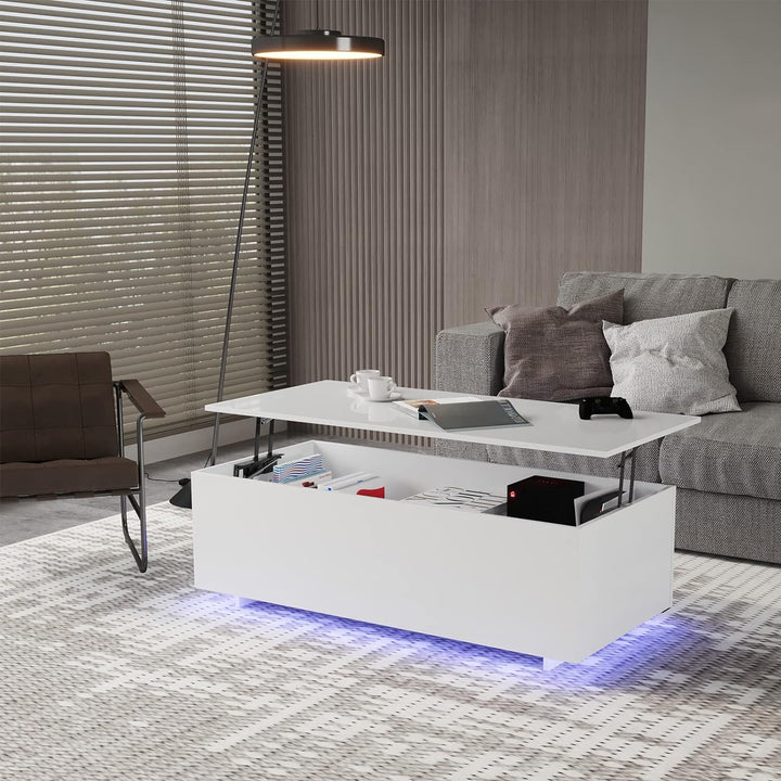 Elegant LED Coffee Table, 20 Colors, Lift-Top Storage, White