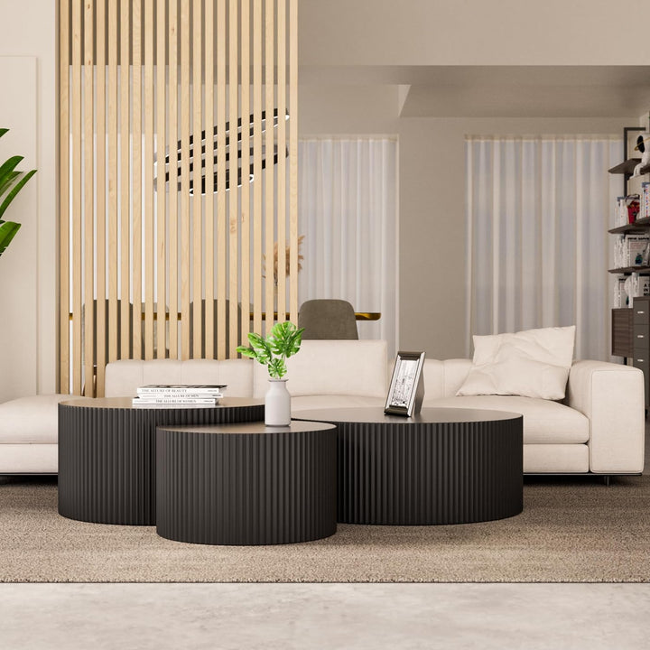 Stylish 3-Piece Black Round Coffee Table Set, 3,black