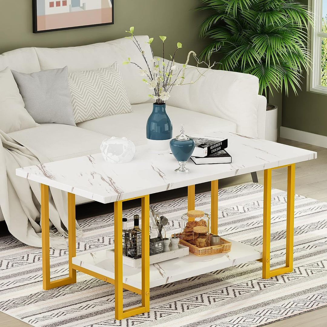 Faux Marble Top Coffee Table with Metal Frame, White Gold