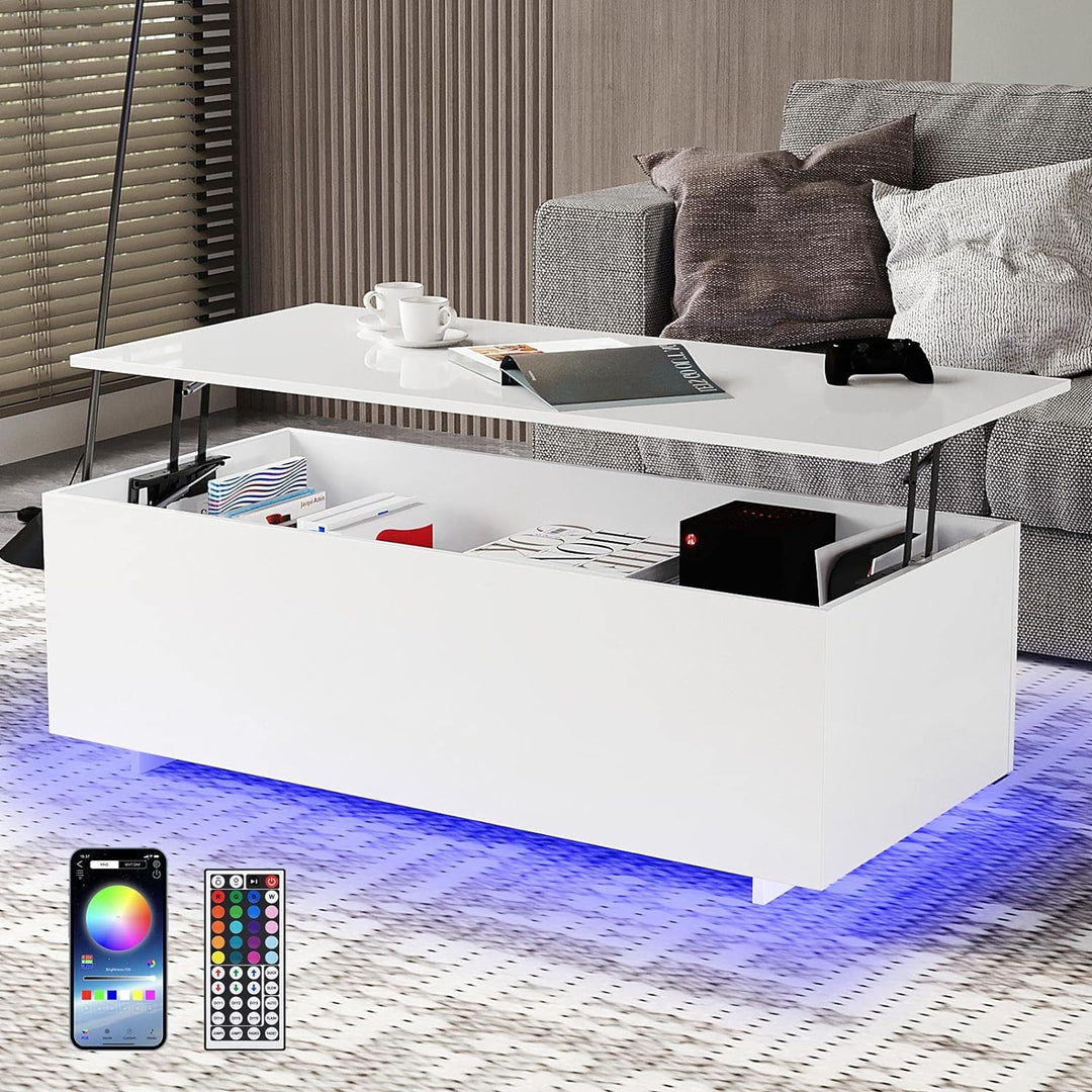 Elegant LED Coffee Table, 20 Colors, Lift-Top Storage, White