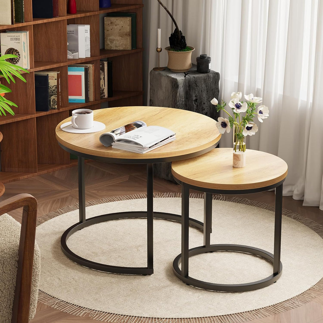 Nesting Coffee Table Set, 23.6" Round, Brown Wood, Adjustable Feet