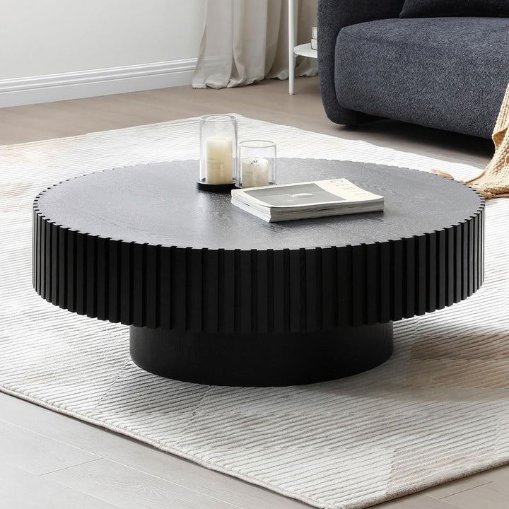 39.4" Black Round Coffee Table, Farmhouse Wood for Living Room