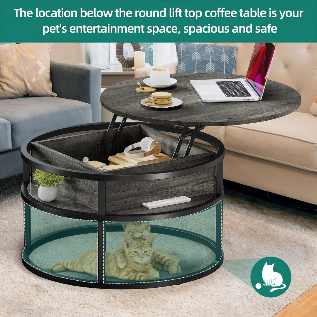 Lift Top Coffee Table with Hidden Storage, Modern Round Center Table, Dark Grey