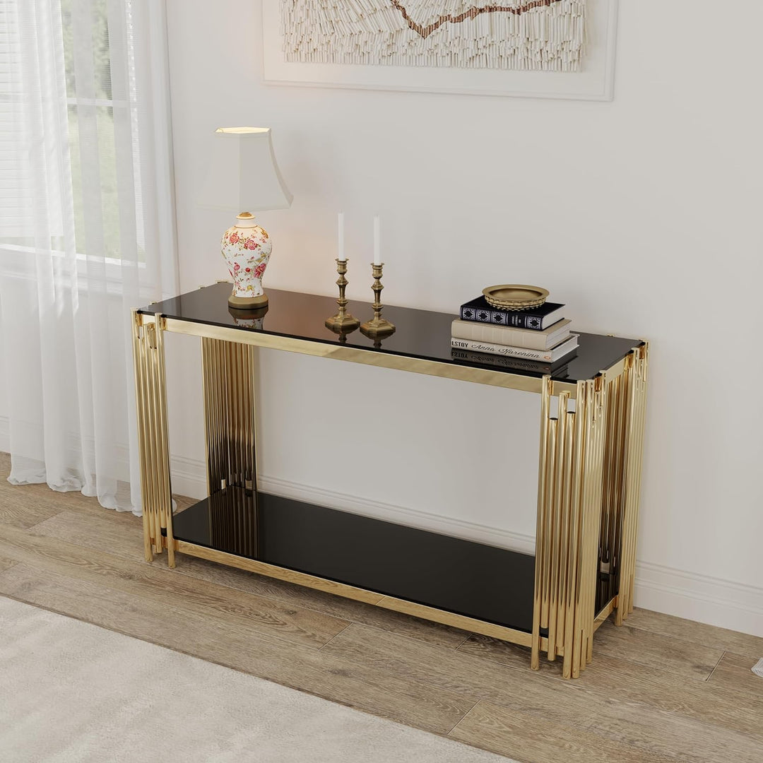 Modern Glass Gold Console Table, Gold Sofa Table, Black Tempered Glass (Black5)