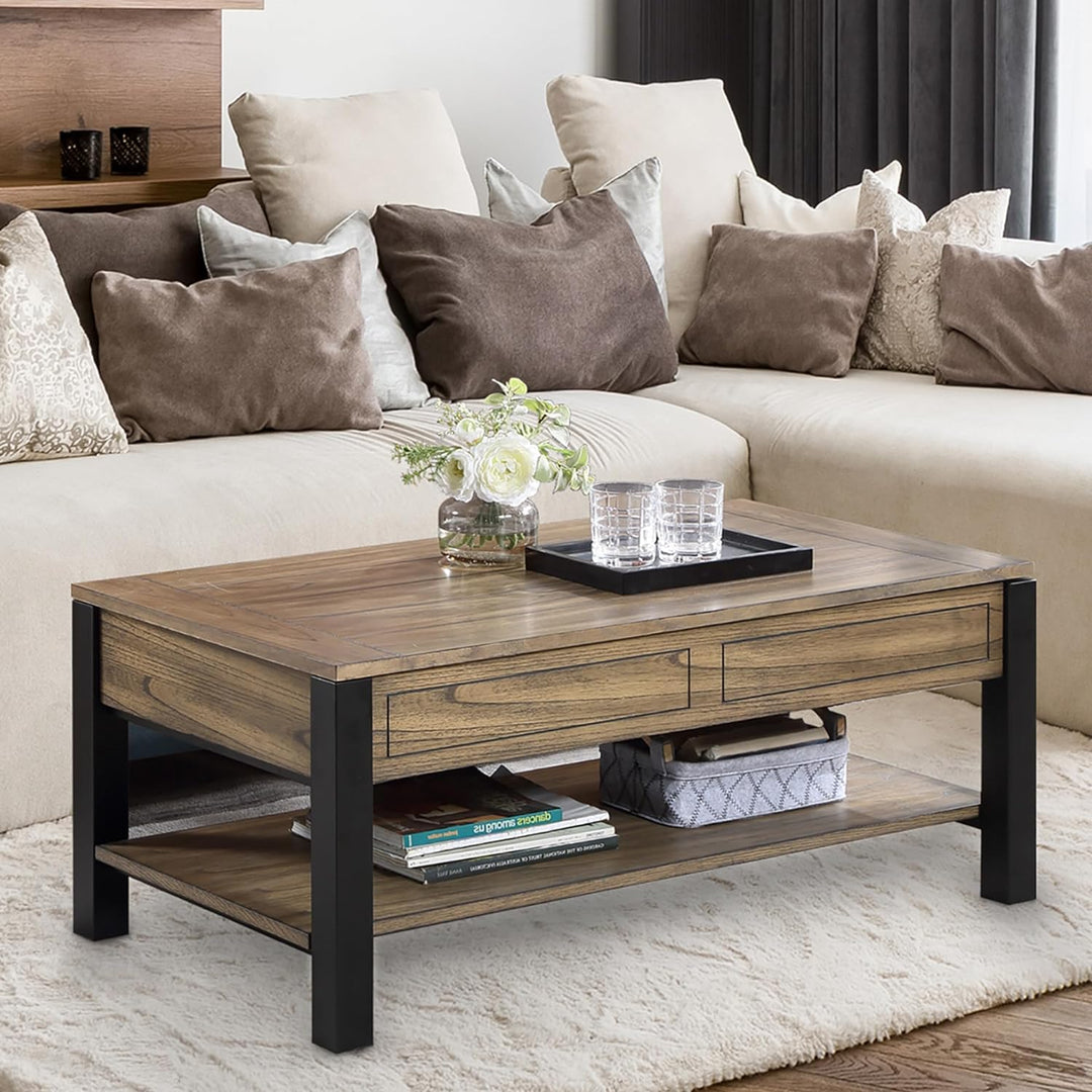 42 Wood Lift Top Coffee Table, Farmhouse 2 Tier Rising