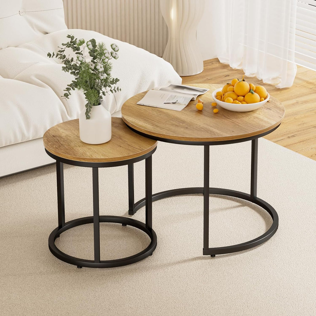 Nesting Coffee Table Set, 23.6" Round, Brown Wood, Adjustable Feet