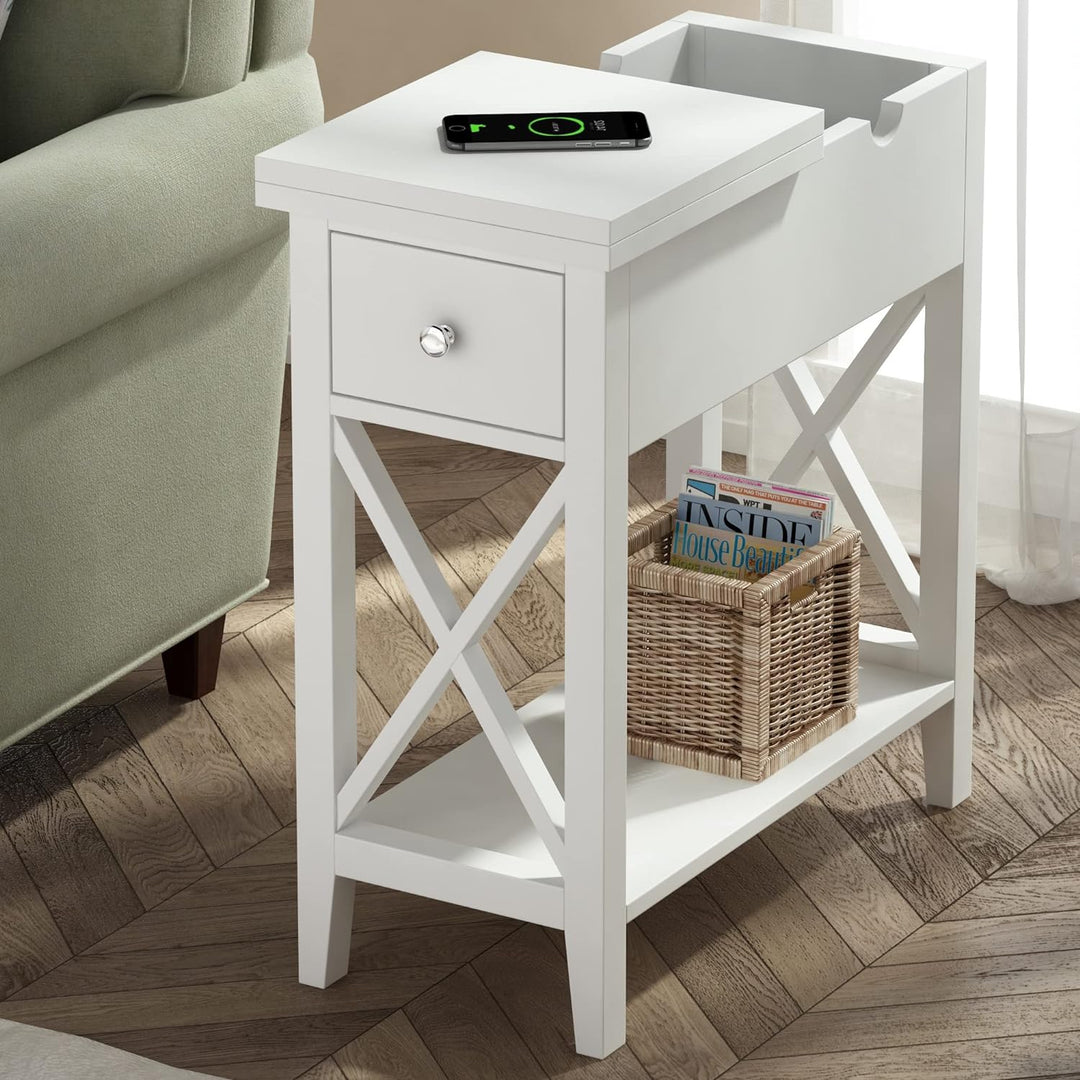 End Table with Drawer, Flip Top, White