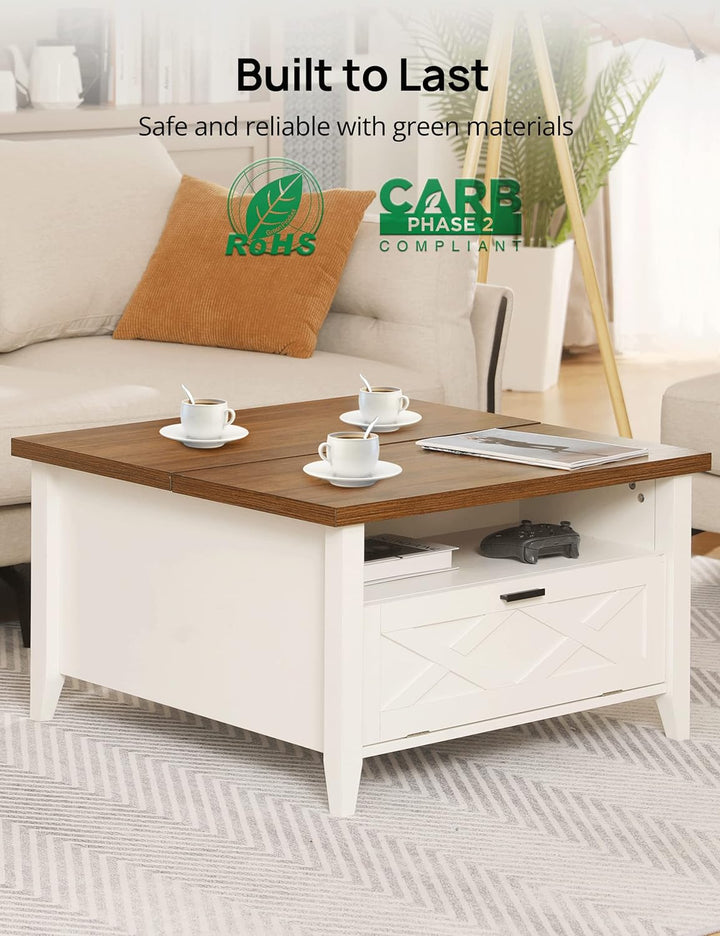 Evajoy Lift Top Coffee Table, Ergonomic Rising Table, Farmhouse Storage