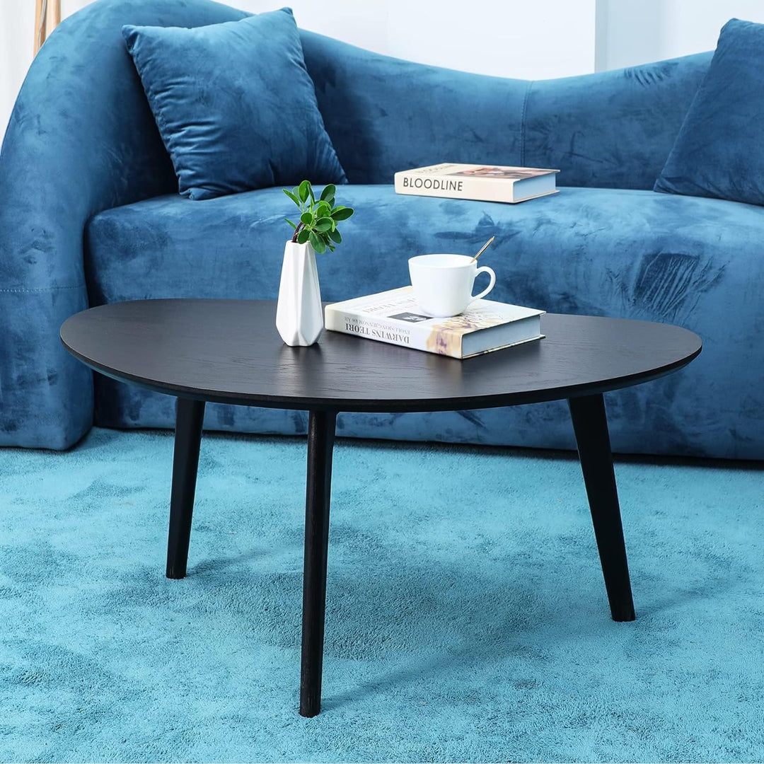 Small Black Oval Coffee Table for Small Spaces, Modern Center Table with Oak Wood Legs