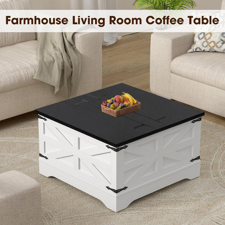 Farmhouse Coffee Table with Hidden Storage, Rustic Cocktail Table, White, Rustic Black