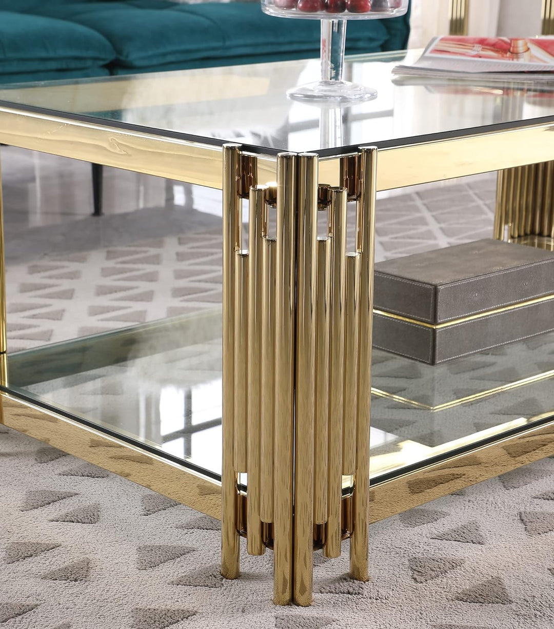 48" Rectangular Glass Coffee Table, Gold