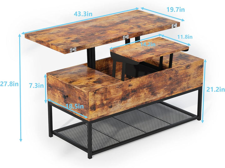 Lift Top Coffee Table w/ Storage Drawers, Hidden Compartment, Rustic