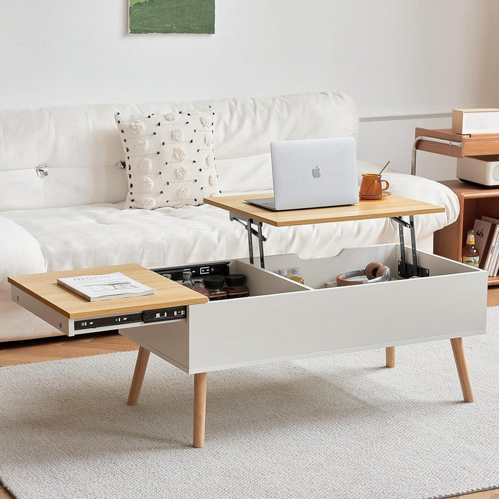 Lift Top Coffee Table, Modern Desk with Hidden Drawer, Wood, White