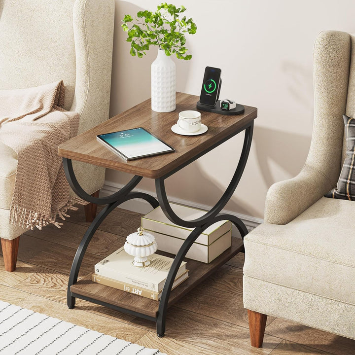 2-Tier End Side Table, Vintage Rectangular Bedside