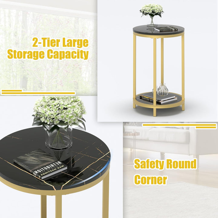 Round Side Table, Modern Nightstand End Table with Gold Metal Frame &Faux Marble Top