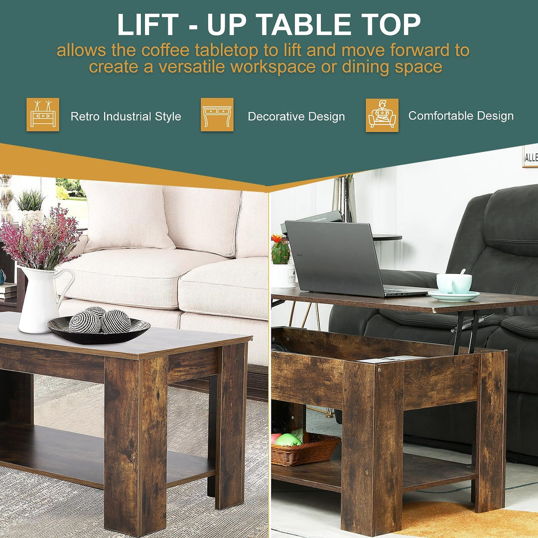 Lift Top Coffee Table with Hidden Storage, Wooden Dining Table, Brown