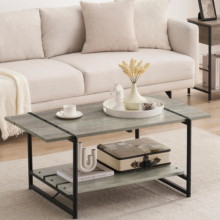 2-Tier Farmhouse 41" Gray Wood Coffee Table w/ Storage