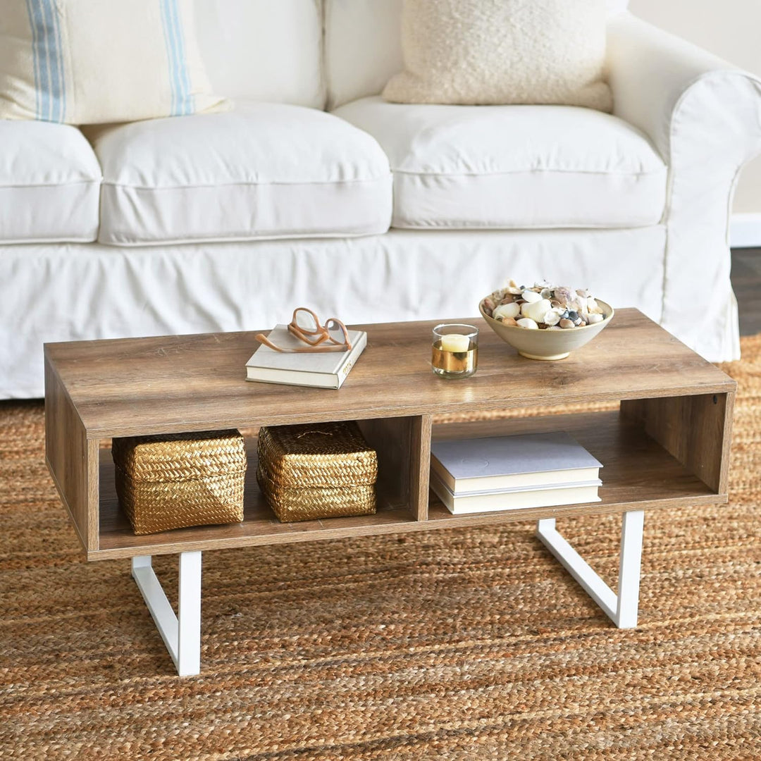 Jamestown TV Stand Coffee Table with Rectangular Storage, Coastal Oak Rustic Wood Grain and White Metal