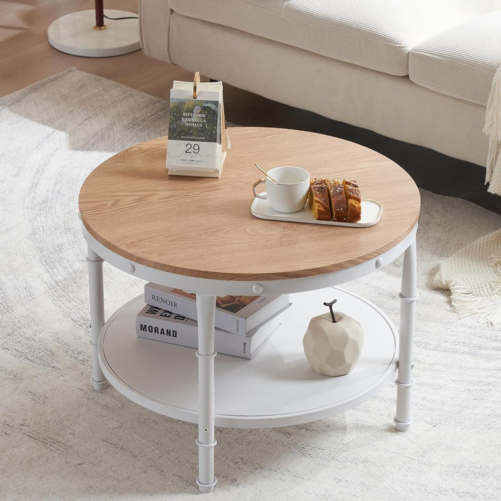 Rustic Farmhouse Coffee Table with 2-Tier Storage, Natural White