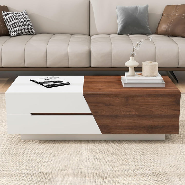 Merax Extendable Coffee Table, UV High-Gloss, Sliding Top & Storage (White & Walnut)